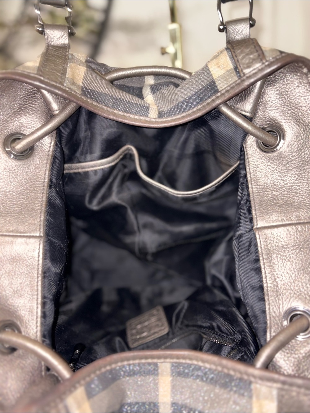 Vintage Burberry Nova Check Shoulder Tote Bag Metallic Pewter Leather Large - Picture 5 of 10